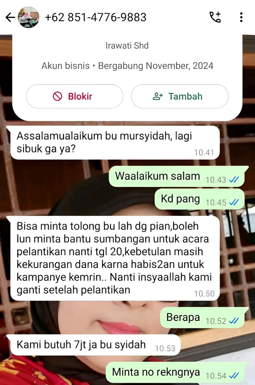 <p>WA penipu yang mengatasnamakan Wakil Bupati Kotim saat melancarkan aksinya untuk meminta uang kepada orang terdekat Irawati, Jumat (7/2/2025). </p>