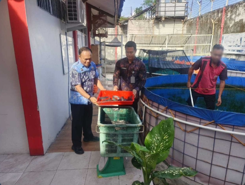 <p>Kalapas Sampit, Muhammad Yani (kiri) saat melakukan penimbangan ikan lele dari hasil budidaya dari warga binaan, Senin (28/7/2025). (Foto: Ist) </p>