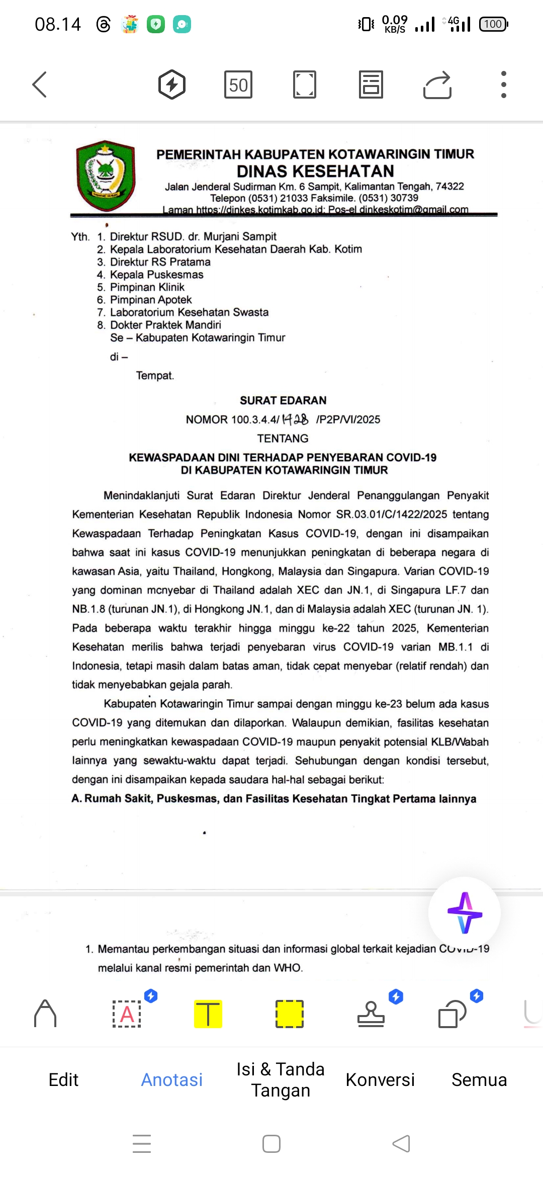 Belum Ada Kasus, Tapi Kotim Keluarkan Edaran Kewaspadaan Covid-19