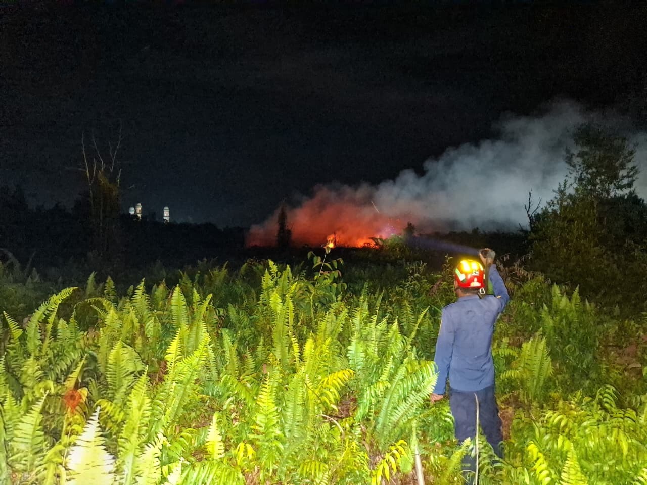 <p>Petugas Damkar saat melakukan pemadam api yang membakar lahan di Jalan Jenderal Sudirman KM 3, tepatnya di belakang Aqui, Kelurahan Mentawa Baru Hulu, Kecamatan Mentawa Baru Ketapang, pada Minggu (12/10/2025) malam. (Foto: Ist) </p>