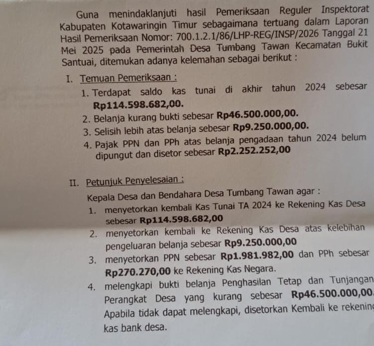 <p>Surat temuan Inspektorat Kotim terhadap dana Desa Tumbang Tawan, Kecamatan Bukit Santuai. (Foto: Ist)</p>