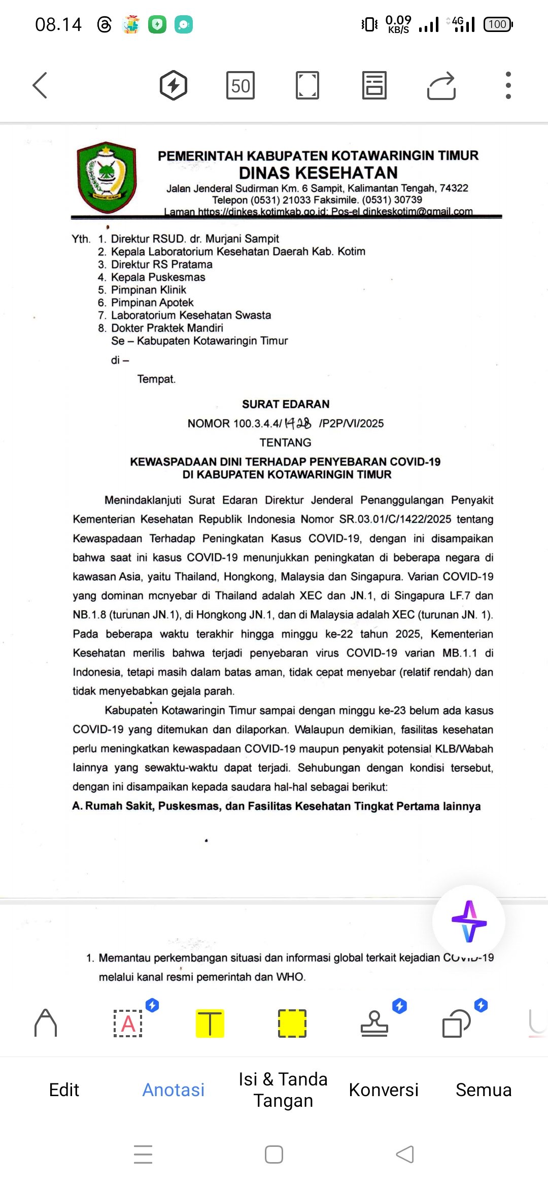 Belum Ada Kasus, Tapi Kotim Keluarkan Edaran Kewaspadaan Covid-19
