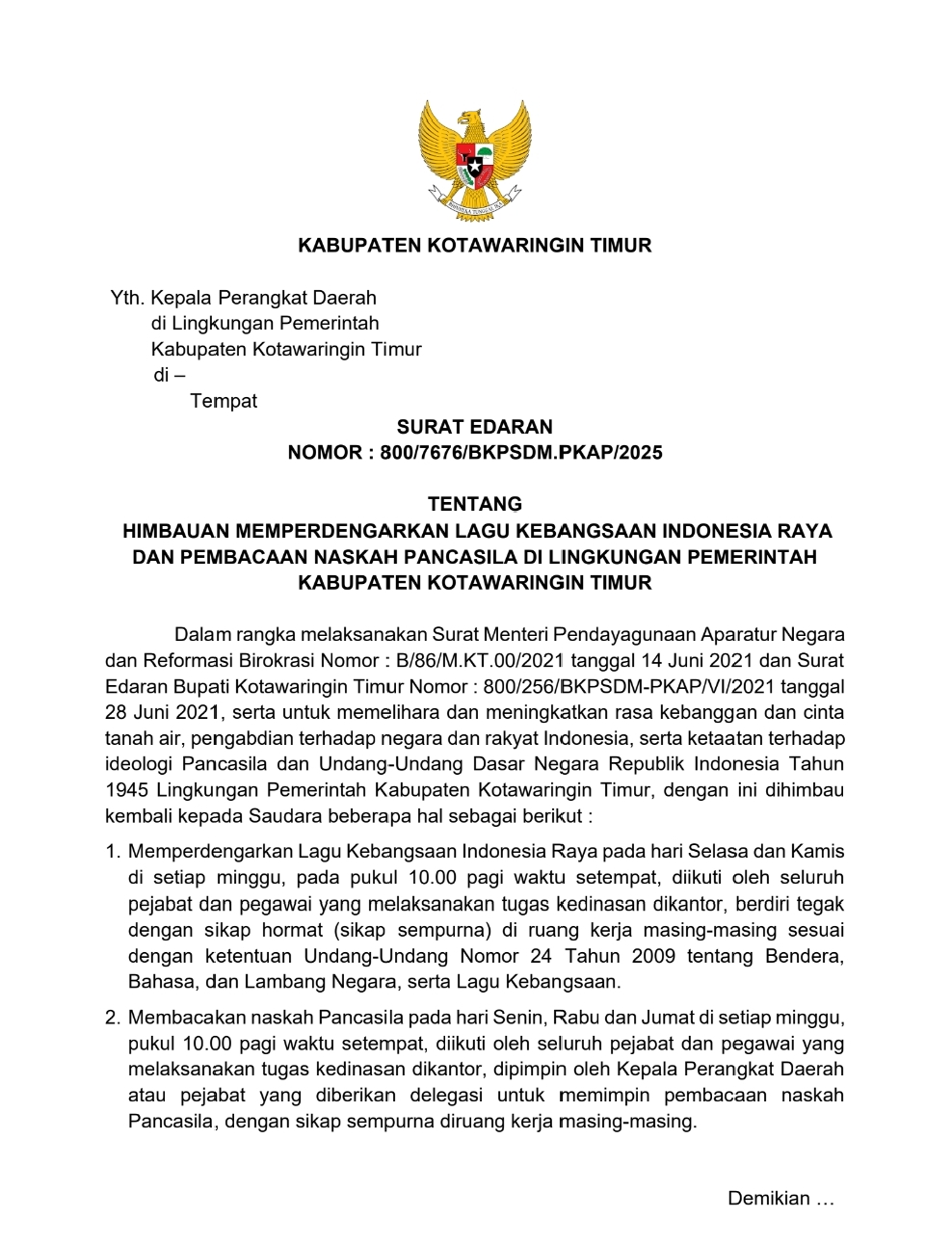 <p>Surat Edaran Bupati Kotim Nomor 800/7677/BKPSDM.PKAP/2025. (Foto: Tangkap Layar) </p>
